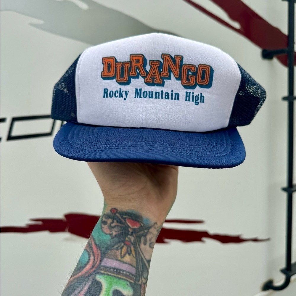 Vintage 70s 80s Colorado Durango Rocky Mountain High Trucker Hat navy blue white
